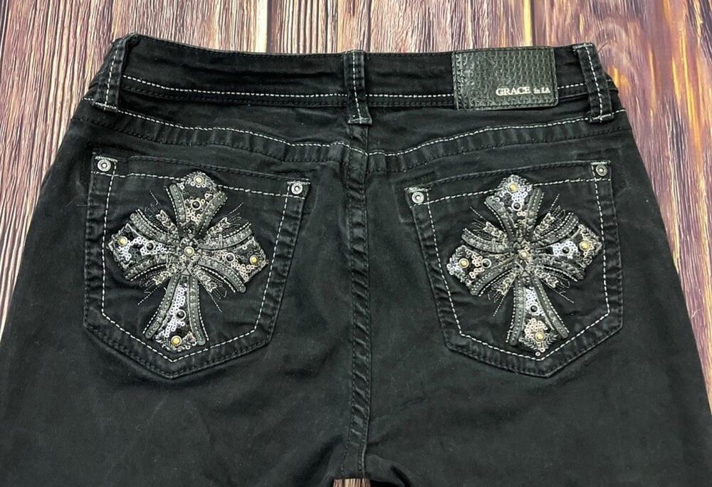 Grace In LA Easy Fit Bootcut Black Jeans Embroidered Rhinestone Womens Size 30